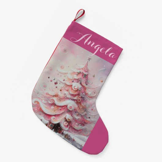 Whimsical Impressionistische Kerstboom Roze Kleine Kerstsok (Voorkant (Hangend))