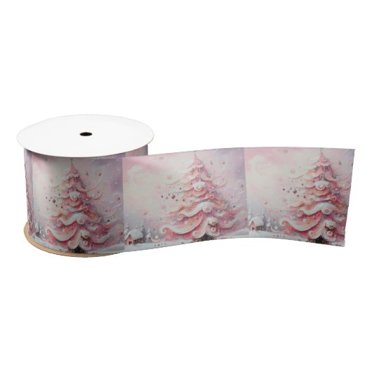 Whimsical Impressionistische Kerstboom Roze Satijnen Lint (Spoel)