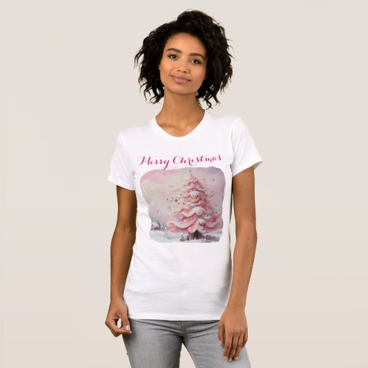 Whimsical Impressionistische Kerstboom Roze T-shirt (Voorkant volledig)