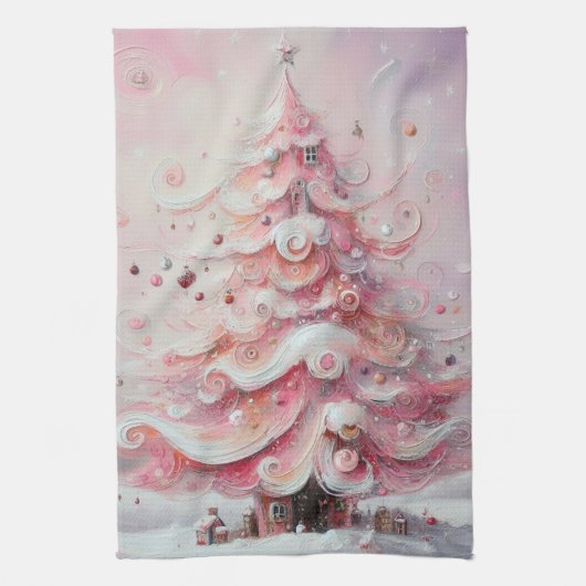 Whimsical Impressionistische Kerstboom Roze Theedoek (Verticaal)