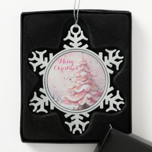 Whimsical Impressionistische Kerstboom Roze Tin Sneeuwvlok Ornament (Kistje)