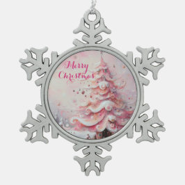 Whimsical Impressionistische Kerstboom Roze Tin Sneeuwvlok Ornament