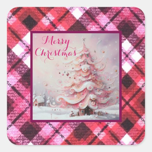 Whimsical Impressionistische Kerstboom Roze Vierkante Sticker (Voorkant)