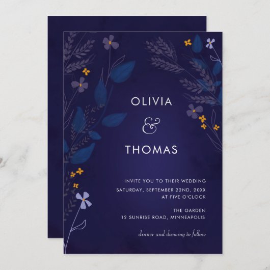 Whimsical Indigo Honey Illustration Flora Wedding Kaart (Voorkant / Achterkant)