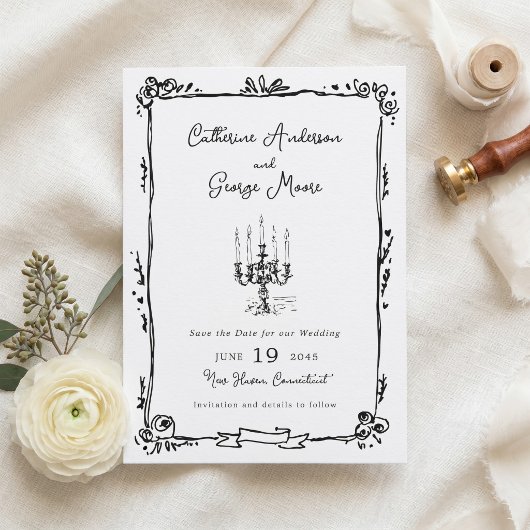 Whimsical Inkt Handgetekende Kandelaber Trouw Save The Date