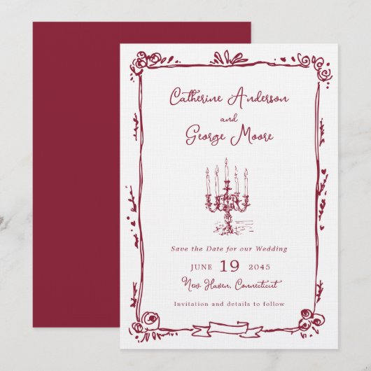 Whimsical Inkt Handgetekende Kandelabra Bruiloft Save The Date (Voorkant / Achterkant)
