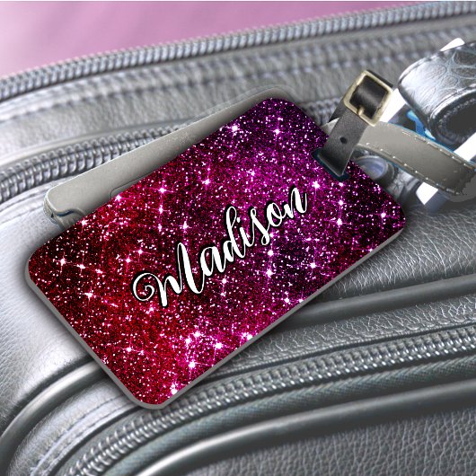 Whimsical iridescent roze Glitter monogram Bagagelabel