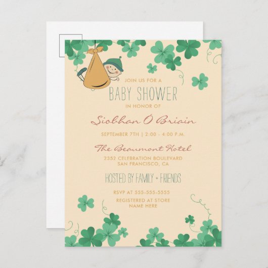 Whimsical Irish Thmed Shamrock Baby shower Uitnodiging Briefkaart (Voorkant / Achterkant)
