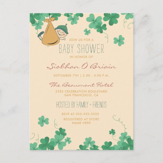 Whimsical Irish Thmed Shamrock Baby shower Uitnodiging Briefkaart (Voorkant)