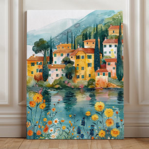 Whimsical Italiaans dorpskunst aan het meer Canvas Afdruk