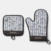 Whimsical Italian Food Illustration Blue Stripes Ovenwant & Pannenlap Set (Voorkant)