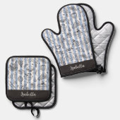 Whimsical Italian Food Illustration Blue Stripes Ovenwant & Pannenlap Set (Voorkant / Achterkant)