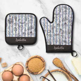 Whimsical Italian Food Illustration Blue Stripes Ovenwant & Pannenlap Set