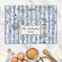Whimsical Italian Food Illustration Blue Stripes Theedoek