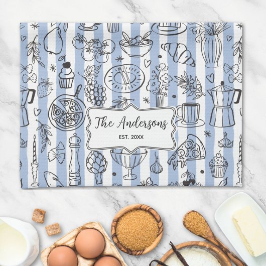 Whimsical Italian Food Illustration Blue Stripes Theedoek