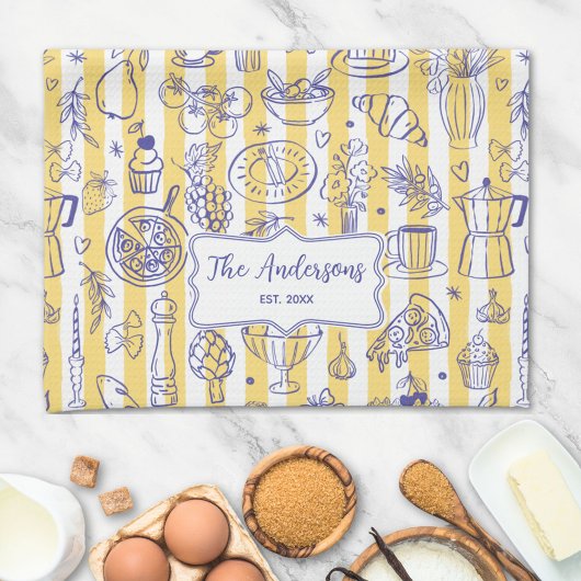 Whimsical Italian Food Illustration Yellow Stripes Theedoek