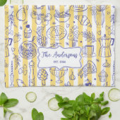 Whimsical Italian Food Illustration Yellow Stripes Theedoek (Gevouwen)