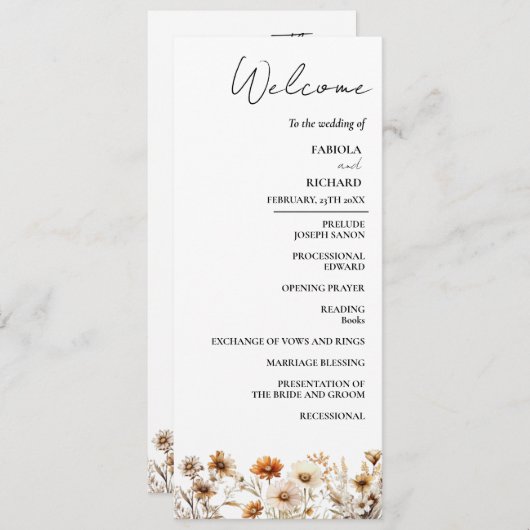 Whimsical Ivory Wildflower huwelijksprogramma Kaar Kaart (Voorkant / Achterkant)