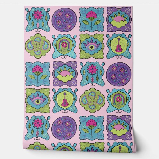Whimsical Jewel Tones Hand getekend Boho roze Behang (Afrollen)