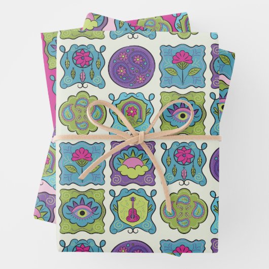 Whimsical Jewel Tones Hand getrokken Boho Lijsten Inpakpapier Vel (In situ)