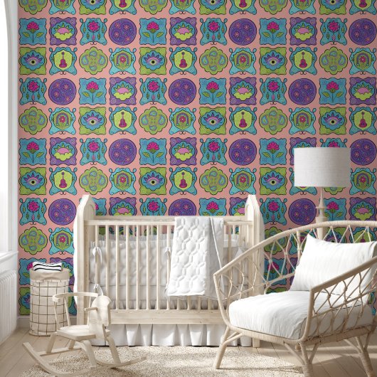 Whimsical Jewel Tones Hand getrokken Boho perzik Behang (Kinderen)