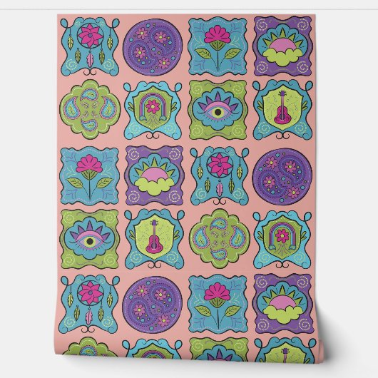 Whimsical Jewel Tones Hand getrokken Boho perzik Behang (Afrollen)