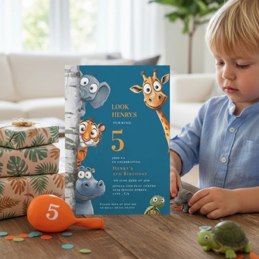 Whimsical Jungle Animals Blue Birthday Invitation Kaart