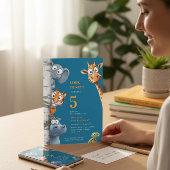 Whimsical Jungle Animals Blue Birthday Invitation Kaart