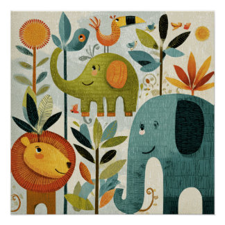 Whimsical Jungle Animals Nursery Wall Art Perfect Poster