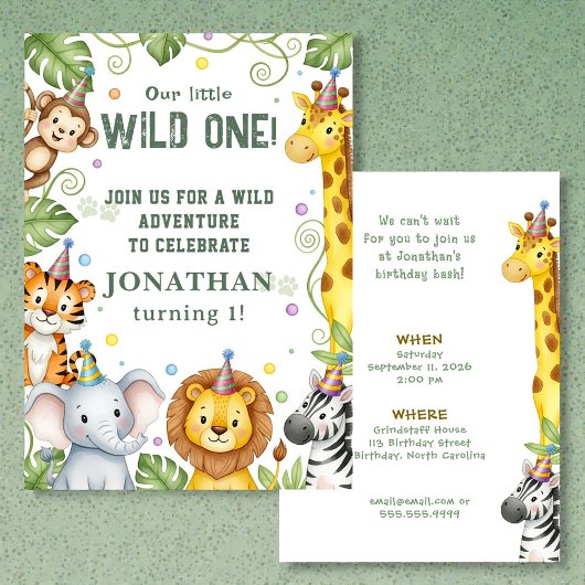 Whimsical Jungle Safari Animal Birthday Invitation Kaart