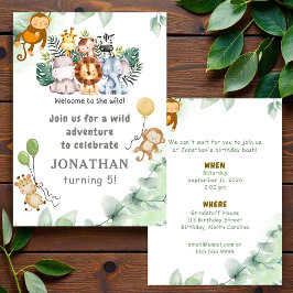 Whimsical Jungle Safari Animal Birthday Invitation Kaart