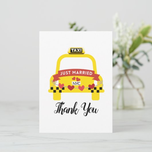 Whimsical Just Married Taxi Thank You Bedankkaart (Staand voorkant)