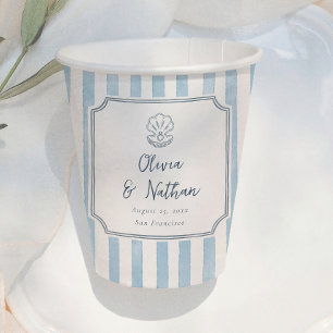 Whimsical kader retro blauwe strepen bruiloft papieren bekers