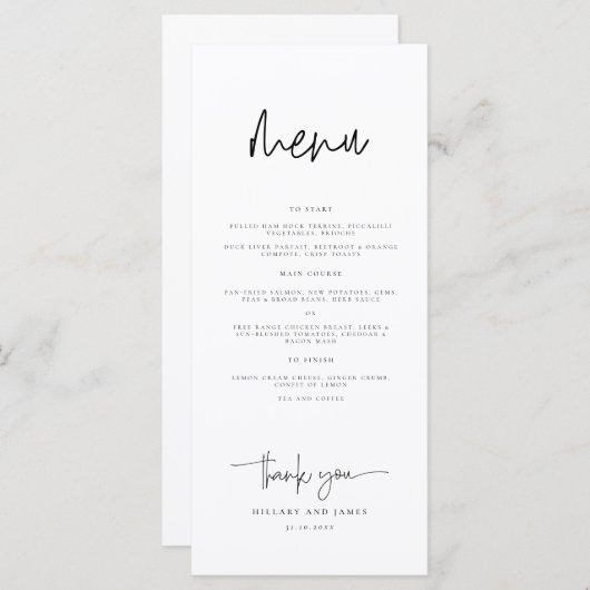 Whimsical kalligrafie bruiloft diner menu (Voorkant / Achterkant)