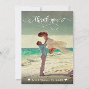 Whimsical kalligrafie foto bruiloft dank u kaart