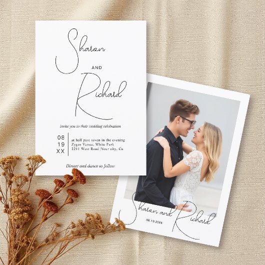 Whimsical kalligrafie zwart wit foto bruiloft kaart