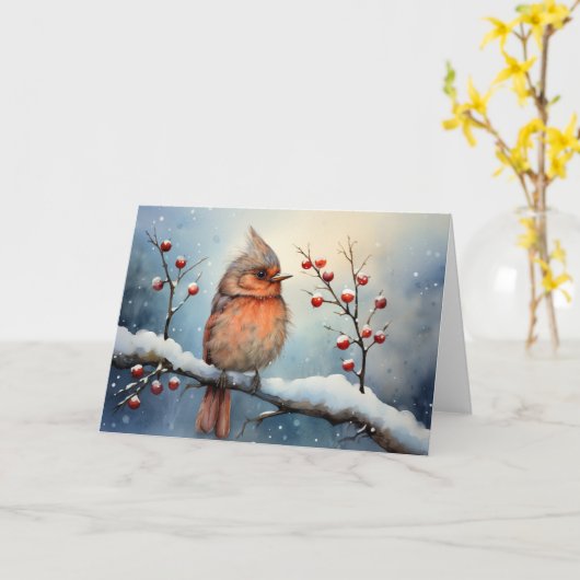 Whimsical Kardinaal Kerst Kaart (Gele Bloem)