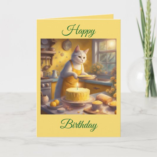 Whimsical kat bakt verjaardagstaart kaart (Voorkant)