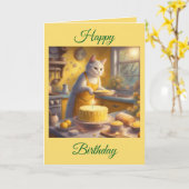 Whimsical kat bakt verjaardagstaart kaart (Gele Bloem)