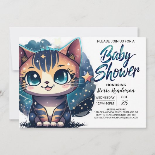 Whimsical Kat bewerkbaar Baby shower Kaart (Voorkant)