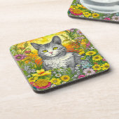 Whimsical Kat en Bloemen Bier Onderzetter (Linkerzijde)