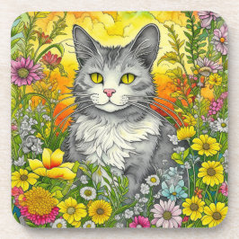 Whimsical Kat en Bloemen Bier Onderzetter
