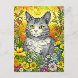 Whimsical Kat en Bloemen Briefkaart