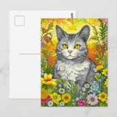Whimsical Kat en Bloemen Briefkaart (Voorkant / Achterkant)