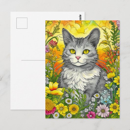 Whimsical Kat en Bloemen Briefkaart (Voorkant / Achterkant)