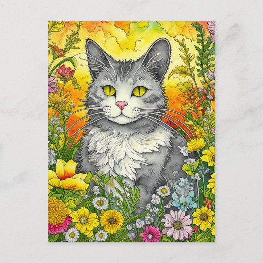 Whimsical Kat en Bloemen Briefkaart (Voorkant)