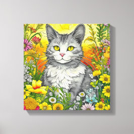 Whimsical Kat en Bloemen Canvas Afdruk