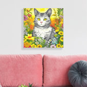 Whimsical Kat en Bloemen Canvas Afdruk (Insitu (Woonkamer))