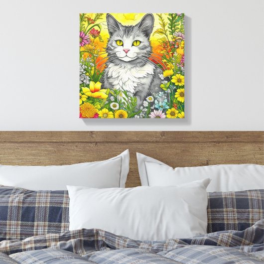 Whimsical Kat en Bloemen Canvas Afdruk (Insitu (Slaapkamer))