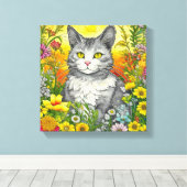 Whimsical Kat en Bloemen Canvas Afdruk (Insitu (Houten vloer))